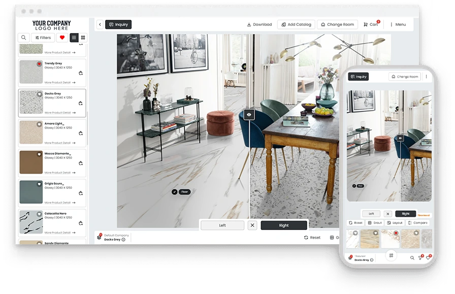 Tilesview Visualizer zobrazující místnost před a po na stolním počítači a mobilním zařízení